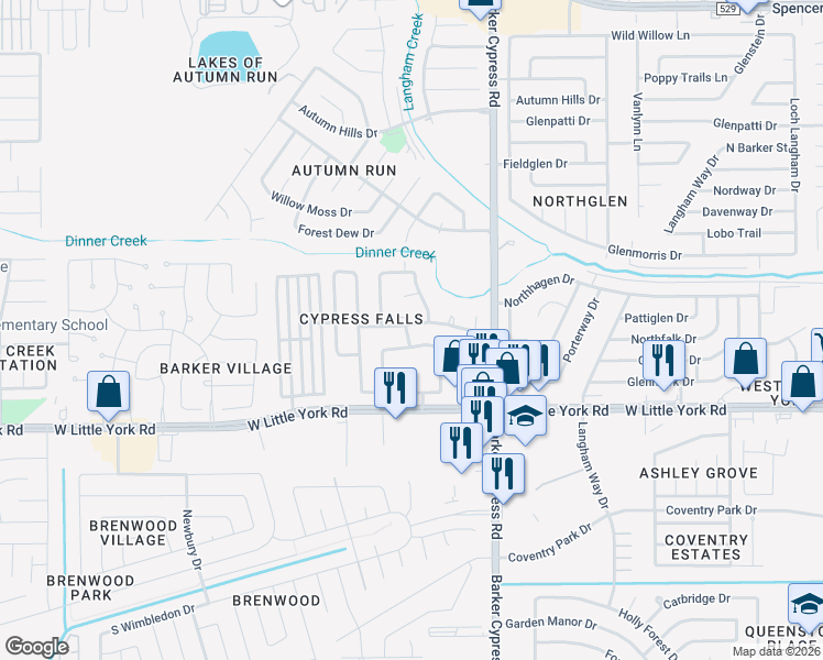 map of restaurants, bars, coffee shops, grocery stores, and more near 18135 Canyon Cypress Lane in Katy