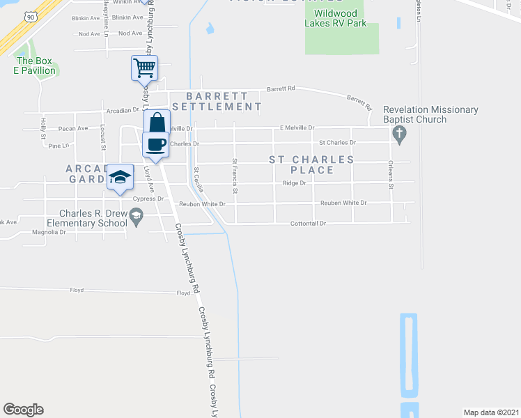 map of restaurants, bars, coffee shops, grocery stores, and more near 344 Reuben White Drive in Crosby