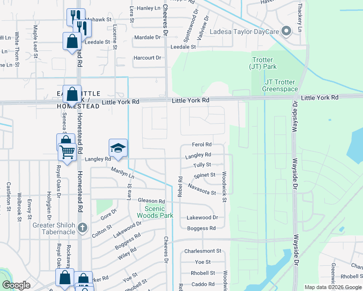 map of restaurants, bars, coffee shops, grocery stores, and more near 10619 Rebel Road in Houston