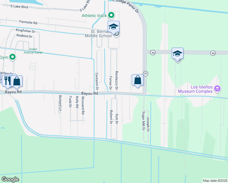 map of restaurants, bars, coffee shops, grocery stores, and more near 727 Bayou Road in Saint Bernard