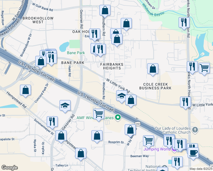 map of restaurants, bars, coffee shops, grocery stores, and more near Windfern Road in Houston