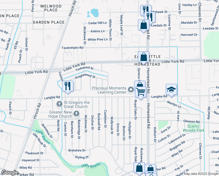 map of restaurants, bars, coffee shops, grocery stores, and more near 10618 Wolbrook Street in Houston