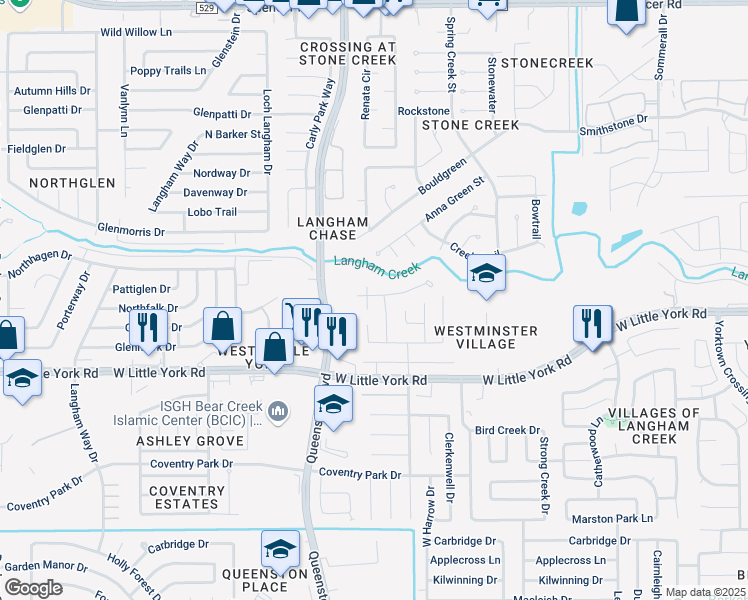 map of restaurants, bars, coffee shops, grocery stores, and more near 6514 Whimsey Court in Houston