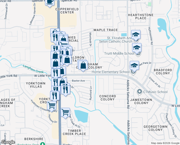 map of restaurants, bars, coffee shops, grocery stores, and more near 15344 West Little York Road in Houston