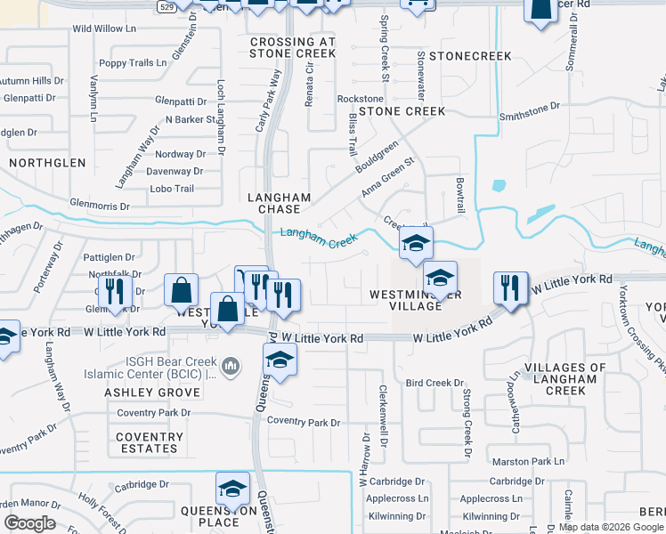 map of restaurants, bars, coffee shops, grocery stores, and more near 17039 Kemble Creek Drive in Houston