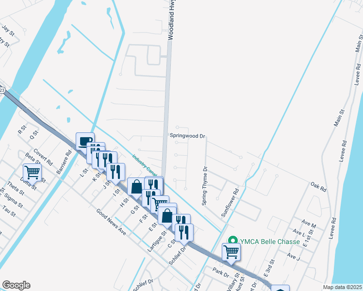 map of restaurants, bars, coffee shops, grocery stores, and more near 103 Orchid Court in Belle Chasse