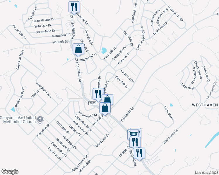 map of restaurants, bars, coffee shops, grocery stores, and more near 348 Canyon Springs Drive in Canyon Lake