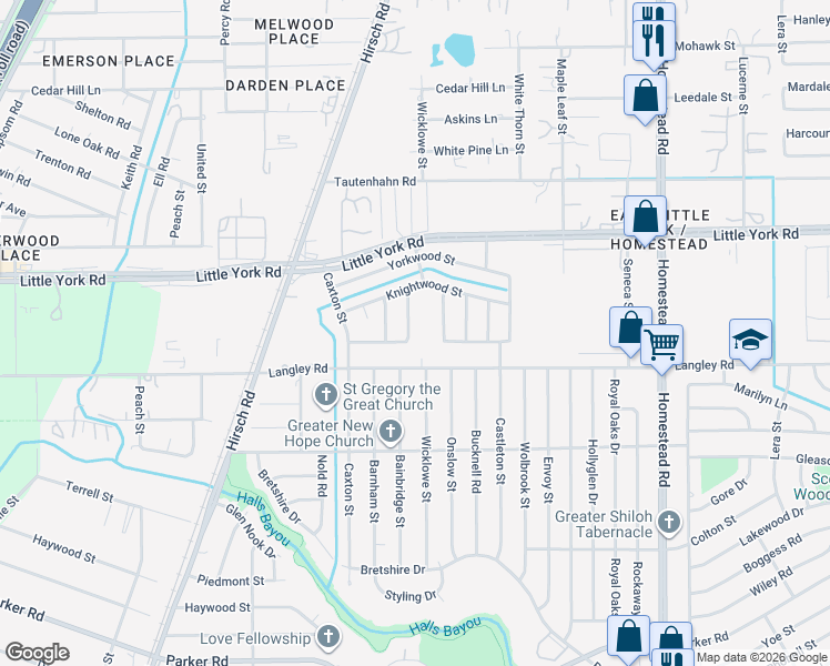 map of restaurants, bars, coffee shops, grocery stores, and more near 10606 Bainbridge Street in Houston