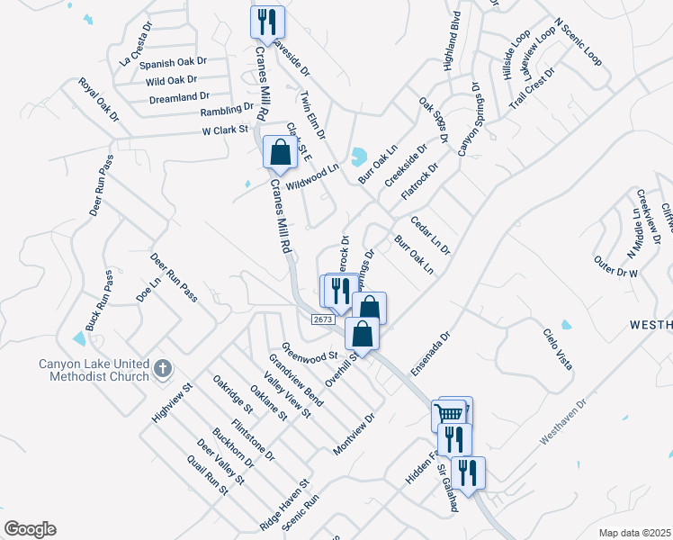map of restaurants, bars, coffee shops, grocery stores, and more near 355 Ridgerock Drive in Canyon Lake