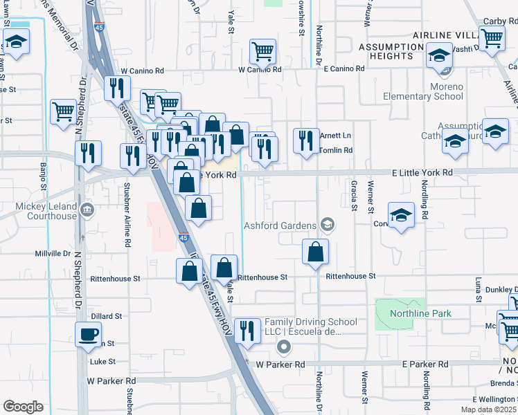 map of restaurants, bars, coffee shops, grocery stores, and more near 7323 Domino Lane in Houston