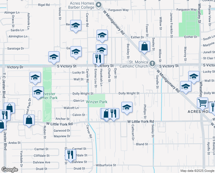map of restaurants, bars, coffee shops, grocery stores, and more near 7403 Charlie Street in Houston