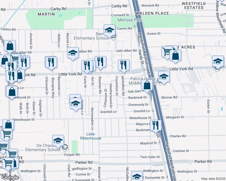 map of restaurants, bars, coffee shops, grocery stores, and more near 11514 Heatherwood Drive in Houston