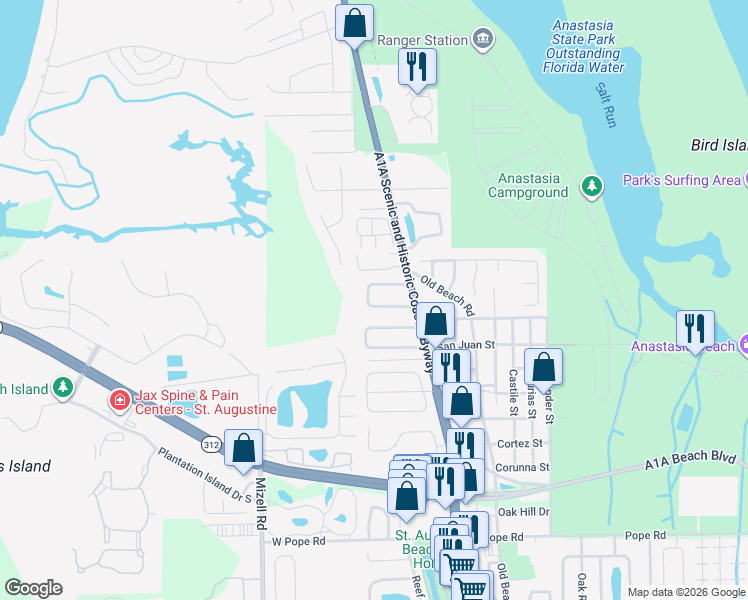 map of restaurants, bars, coffee shops, grocery stores, and more near 22 Matanzas Circle in St. Augustine
