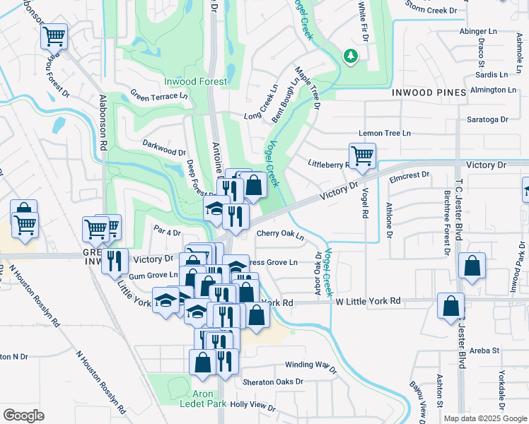 map of restaurants, bars, coffee shops, grocery stores, and more near 4444 Victory Drive in Houston