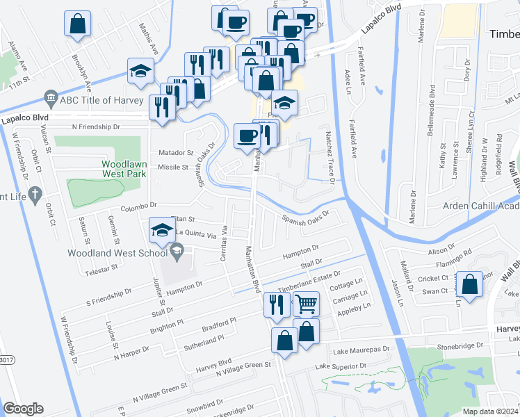 map of restaurants, bars, coffee shops, grocery stores, and more near 1500 Spanish Oaks Drive in Harvey