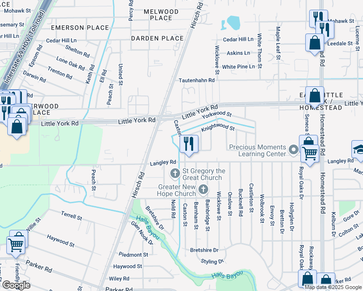 map of restaurants, bars, coffee shops, grocery stores, and more near 10623 Caxton Street in Houston