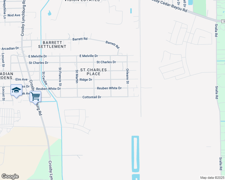 map of restaurants, bars, coffee shops, grocery stores, and more near 602 Reuben White Drive in Crosby