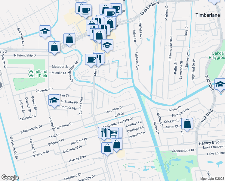 map of restaurants, bars, coffee shops, grocery stores, and more near 1441 Spanish Oaks Drive in Harvey