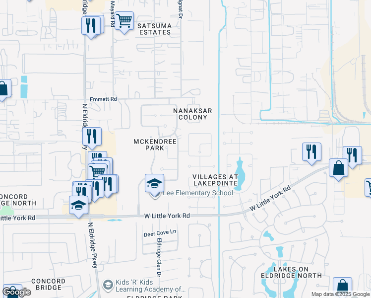 map of restaurants, bars, coffee shops, grocery stores, and more near 6615 Calico Woods Lane in Houston
