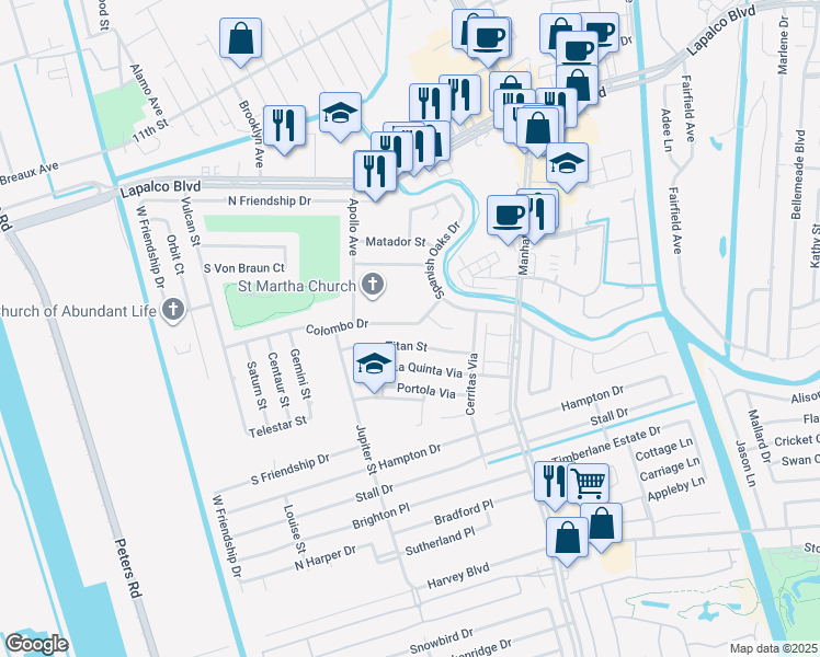 map of restaurants, bars, coffee shops, grocery stores, and more near 2113 Colombo Drive in Harvey