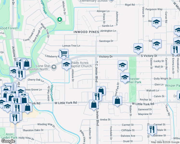map of restaurants, bars, coffee shops, grocery stores, and more near 3707 Badger Forest Drive in Houston