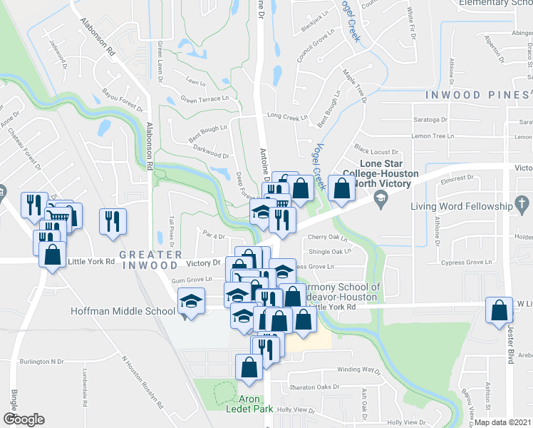 map of restaurants, bars, coffee shops, grocery stores, and more near 7361 Antoine Drive in Houston
