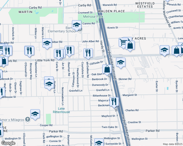 map of restaurants, bars, coffee shops, grocery stores, and more near 701 Oak Glen Drive in Houston