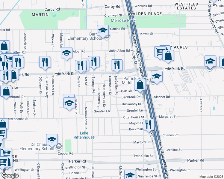 map of restaurants, bars, coffee shops, grocery stores, and more near 11514 Heatherwood Drive in Houston