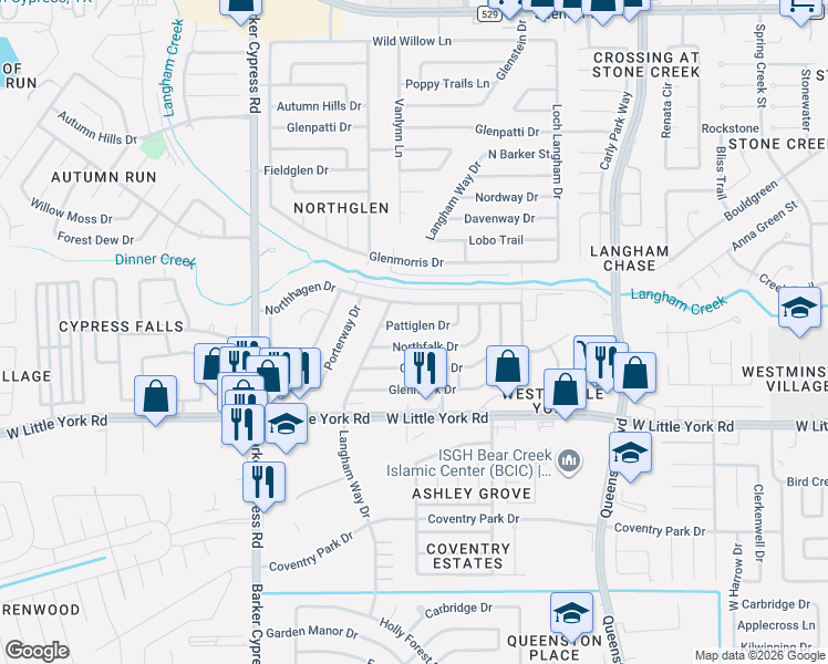 map of restaurants, bars, coffee shops, grocery stores, and more near 17631 Pattiglen Drive in Houston
