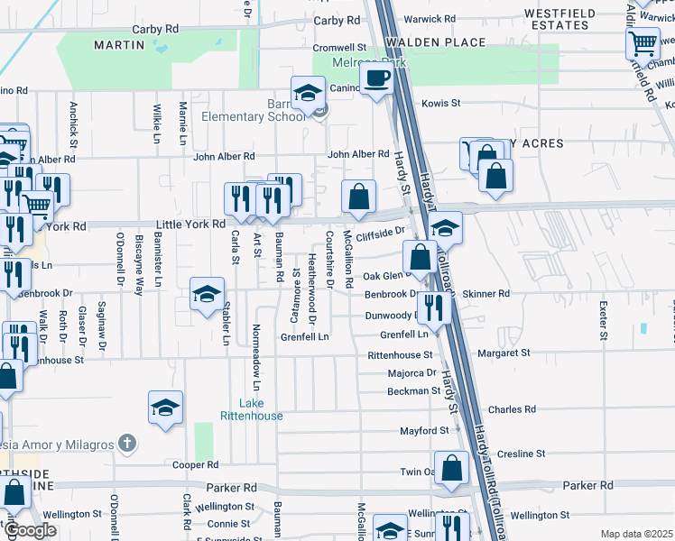 map of restaurants, bars, coffee shops, grocery stores, and more near 701 Oak Glen Drive in Houston