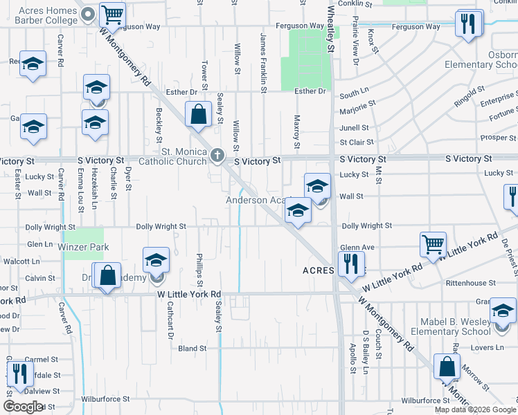 map of restaurants, bars, coffee shops, grocery stores, and more near 7422 Virgil Street in Houston