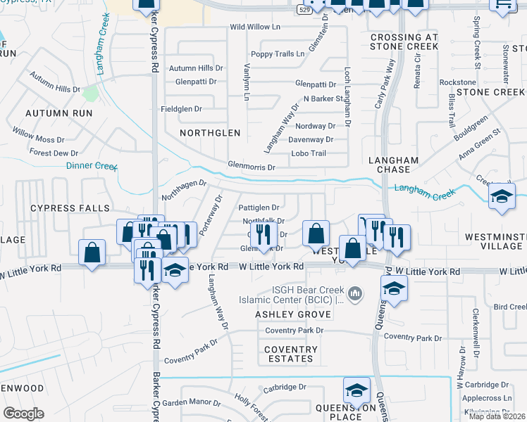 map of restaurants, bars, coffee shops, grocery stores, and more near 17530 Northfalk Drive in Houston
