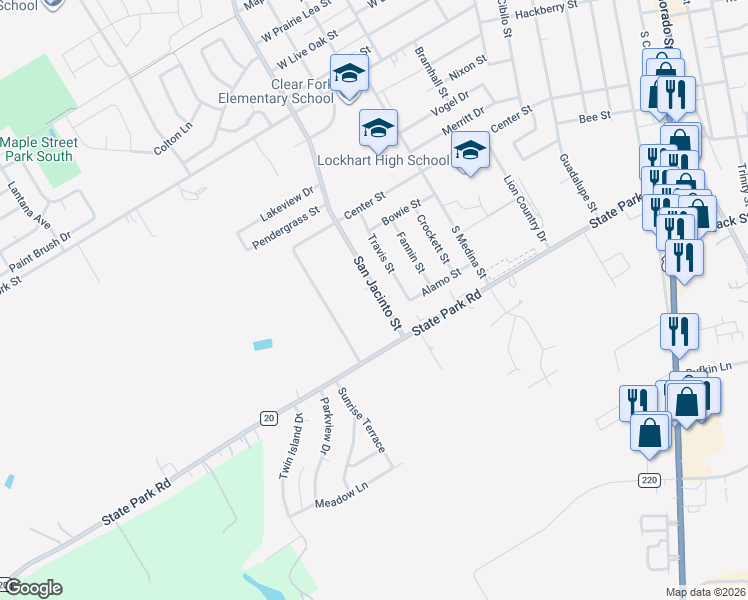 map of restaurants, bars, coffee shops, grocery stores, and more near 1007 San Jacinto Street in Lockhart