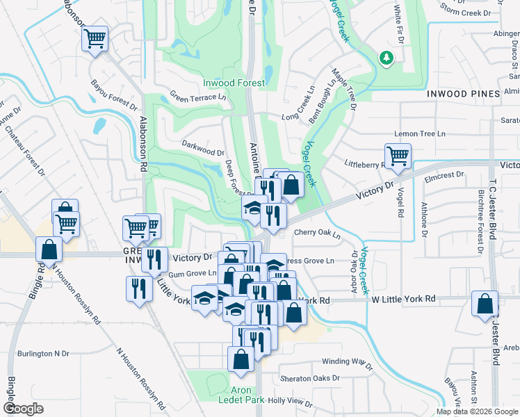 map of restaurants, bars, coffee shops, grocery stores, and more near 7361 Antoine Drive in Houston