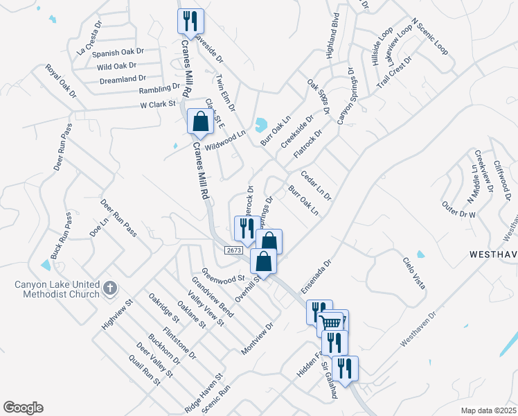 map of restaurants, bars, coffee shops, grocery stores, and more near 348 Canyon Springs Drive in Canyon Lake
