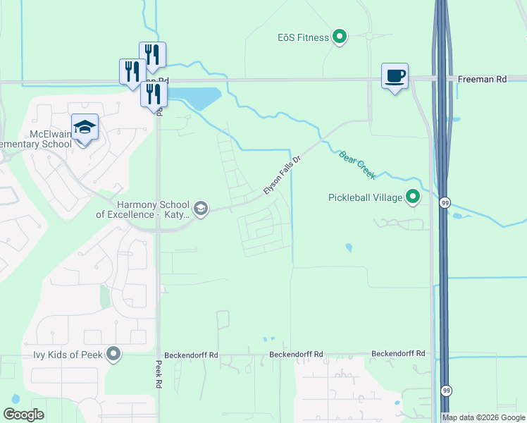 map of restaurants, bars, coffee shops, grocery stores, and more near 22155 Fm 529 Road in Katy