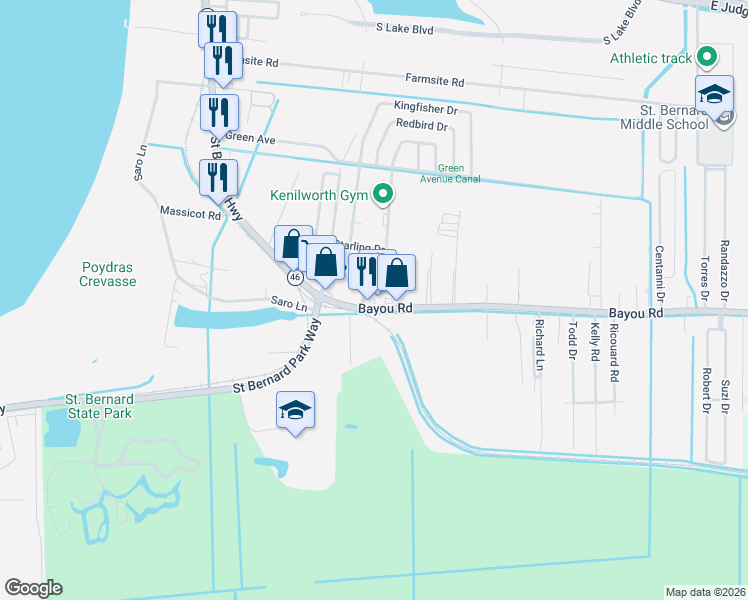 map of restaurants, bars, coffee shops, grocery stores, and more near 201A Bayou Road in Poydras