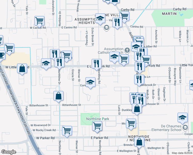 map of restaurants, bars, coffee shops, grocery stores, and more near 7316 Nordling Road in Houston