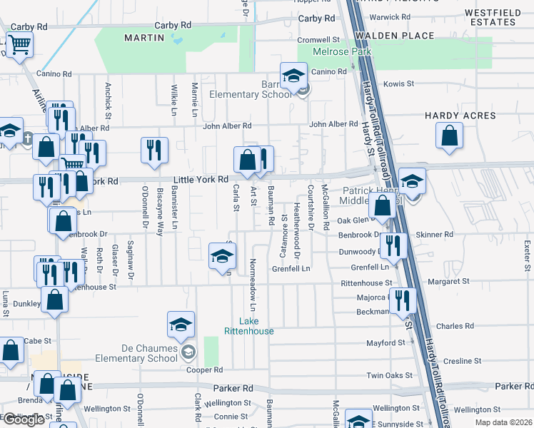 map of restaurants, bars, coffee shops, grocery stores, and more near 11509 Catamore Street in Houston