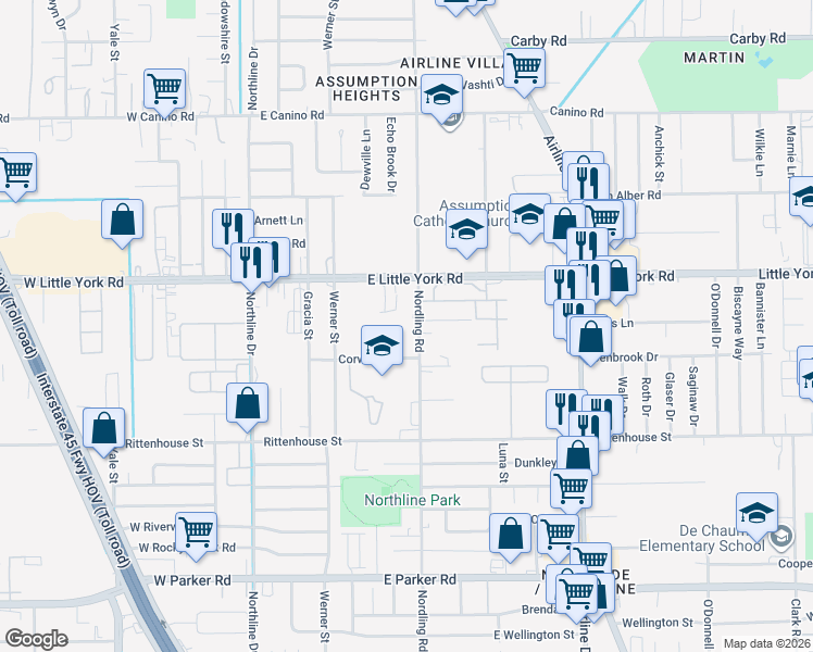 map of restaurants, bars, coffee shops, grocery stores, and more near 7316 Nordling Road in Houston