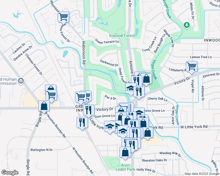 map of restaurants, bars, coffee shops, grocery stores, and more near 7458 Tall Pines Drive in Houston