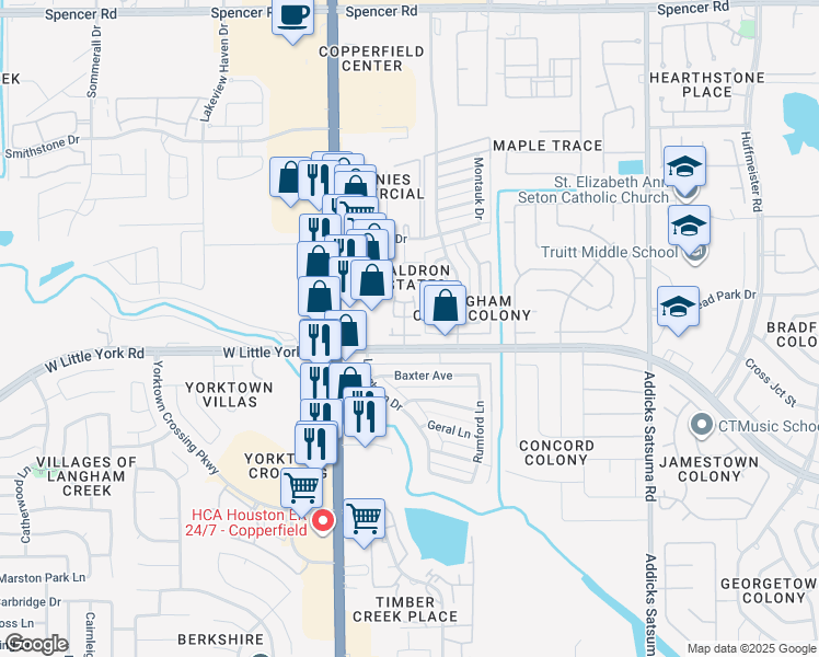map of restaurants, bars, coffee shops, grocery stores, and more near 6417 York Meadows Drive in Houston