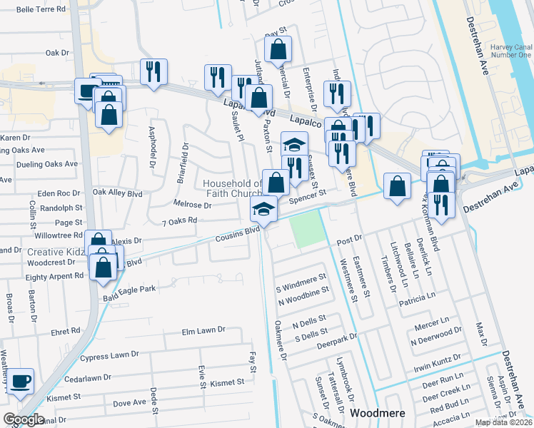 map of restaurants, bars, coffee shops, grocery stores, and more near 2141 Vineyard Lane in Harvey