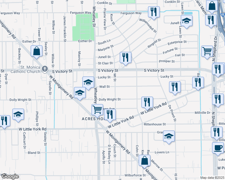 map of restaurants, bars, coffee shops, grocery stores, and more near 1005 Wall Street in Houston