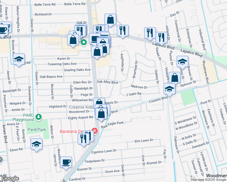 map of restaurants, bars, coffee shops, grocery stores, and more near 14 Darby Court in Marrero