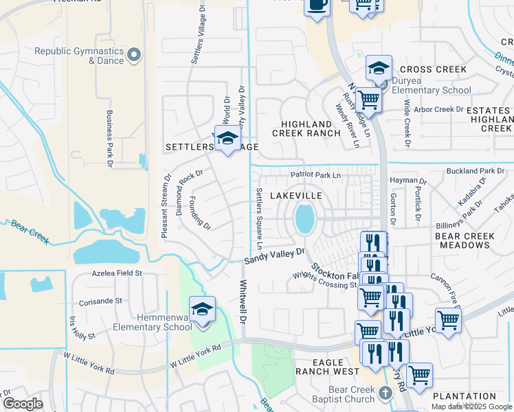 map of restaurants, bars, coffee shops, grocery stores, and more near 6221 Settlers Square Lane in Katy
