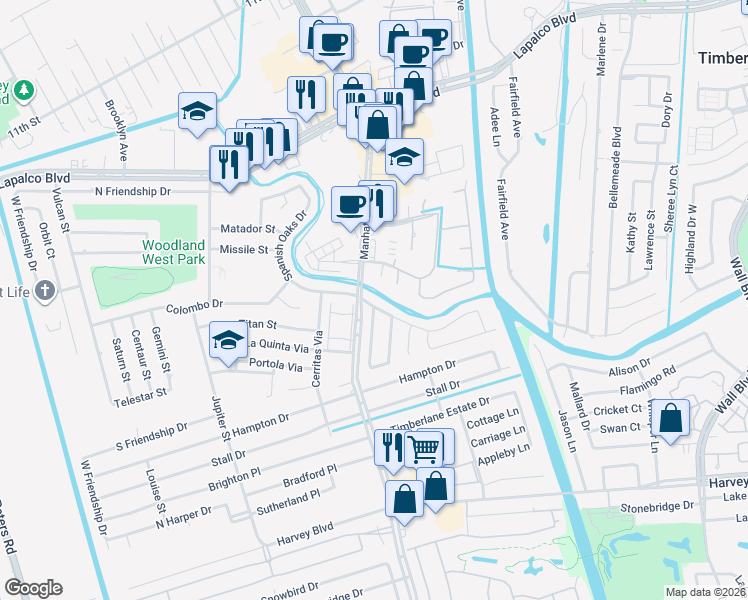 map of restaurants, bars, coffee shops, grocery stores, and more near 1500 Spanish Oaks Drive in Harvey