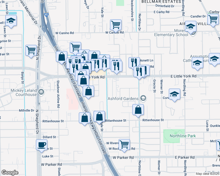 map of restaurants, bars, coffee shops, grocery stores, and more near 7323 Domino Lane in Houston