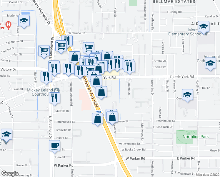 map of restaurants, bars, coffee shops, grocery stores, and more near 301 West Little York Road in Houston