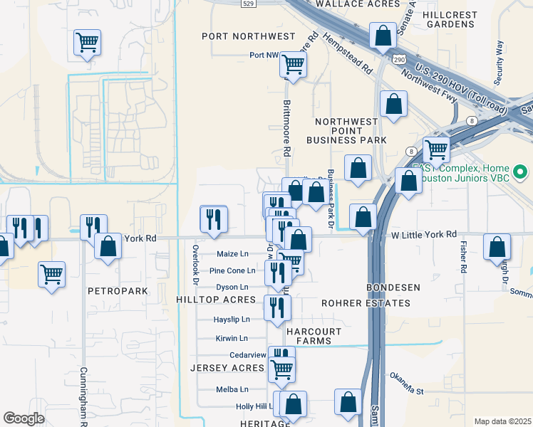 map of restaurants, bars, coffee shops, grocery stores, and more near 11002 West Little York Road in Houston
